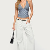 Lacey Polka Dot Lace Up Halter Top
