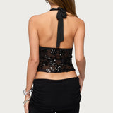 Bead & Sequin Sheer Mesh Halter Top