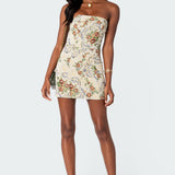 Floral Tapestry Lace Up Mini Dress