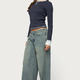 Rora Contrast Long Sleeve Waffle Top