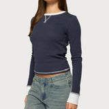 Rora Contrast Long Sleeve Waffle Top