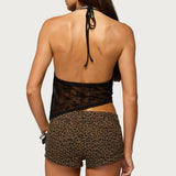 Asymmetric Fringe Sheer Lace Halter Top