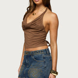 Adeline Faux Suede Cowl Neck Halter Top
