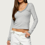 Kimi Striped Long Sleeve V Neck Top