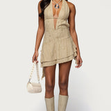 Shredded Backless Halter Mini Dress