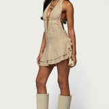 Shredded Backless Halter Mini Dress