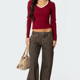 Contrast V Neck Long Sleeve T Shirt