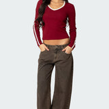 Contrast V Neck Long Sleeve T Shirt