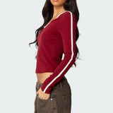 Contrast V Neck Long Sleeve T Shirt