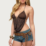 Zebra Mesh Backless Cowl Neck Top