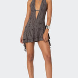 Shredded Backless Halter Mini Dress