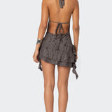 Shredded Backless Halter Mini Dress