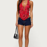 Beaded Chiffon Backless Cowl Neck Top