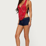 Beaded Chiffon Backless Cowl Neck Top