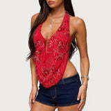 Beaded Chiffon Backless Cowl Neck Top