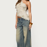 Beaded Sequin Asymmetric Halter Top
