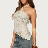 Beaded Sequin Asymmetric Halter Top