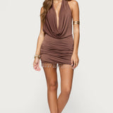 Bead Fringe Backless Halter Mini Dress