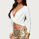 Draped V Neck Long Sleeve Top