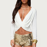 Draped V Neck Long Sleeve Top