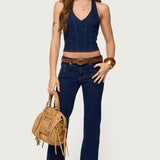 Jemima Contrast Stitch Denim Halter Top