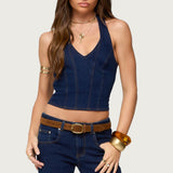 Jemima Contrast Stitch Denim Halter Top