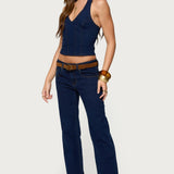 Jemima Contrast Stitch Denim Halter Top