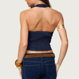Jemima Contrast Stitch Denim Halter Top