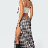Plaid Side Slit Tiered Maxi Skirt