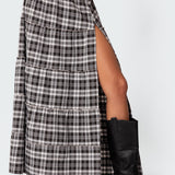 Plaid Side Slit Tiered Maxi Skirt