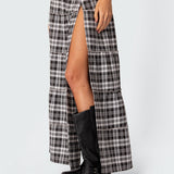 Plaid Side Slit Tiered Maxi Skirt