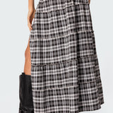 Plaid Side Slit Tiered Maxi Skirt
