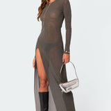 Glitter Mesh Slitted Maxi Dress