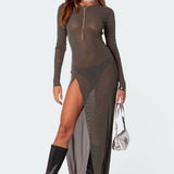 Glitter Mesh Slitted Maxi Dress
