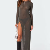 Glitter Mesh Slitted Maxi Dress