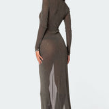 Glitter Mesh Slitted Maxi Dress