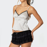 Polka Dot Satin Effect Lace Trim Top