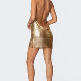 Backless Chainmail Cowl Neck Mini Dress