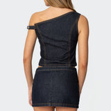 Keira Buckled Asymmetric Denim Top