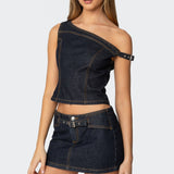 Keira Buckled Asymmetric Denim Top