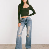 Low Rise Twisted Seam Ripped Jean in True Blue