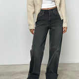 Mid Rise Turn Up Straight Jeans in Washed Black Grey