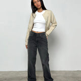 Mid Rise Turn Up Straight Jeans in Washed Black Grey