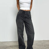 Mid Rise Turn Up Straight Jeans in Washed Black Grey