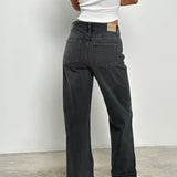 Mid Rise Turn Up Straight Jeans in Washed Black Grey