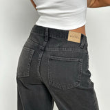 Mid Rise Turn Up Straight Jeans in Washed Black Grey