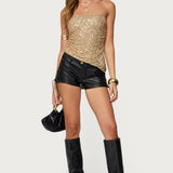 Sequin Asymmetric Slit Strapless Top