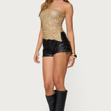 Sequin Asymmetric Slit Strapless Top