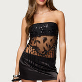 Sequin Sheer Fringed Strapless Top