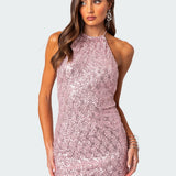 Sequin Open Back Halter Mini Dress
